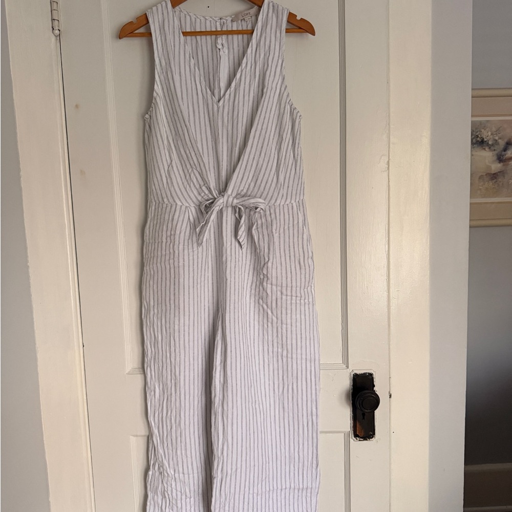 LOFT White & Gray Striped Sleeveless Jumpsuit with Tie Waist - Picture 2 of 8